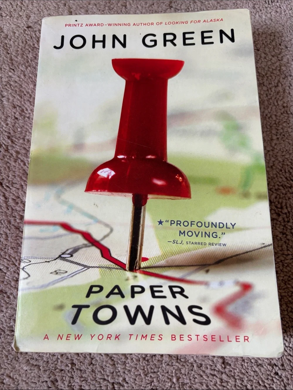 John Green “Paper Towns” Paperback with Red Pushpin Cover